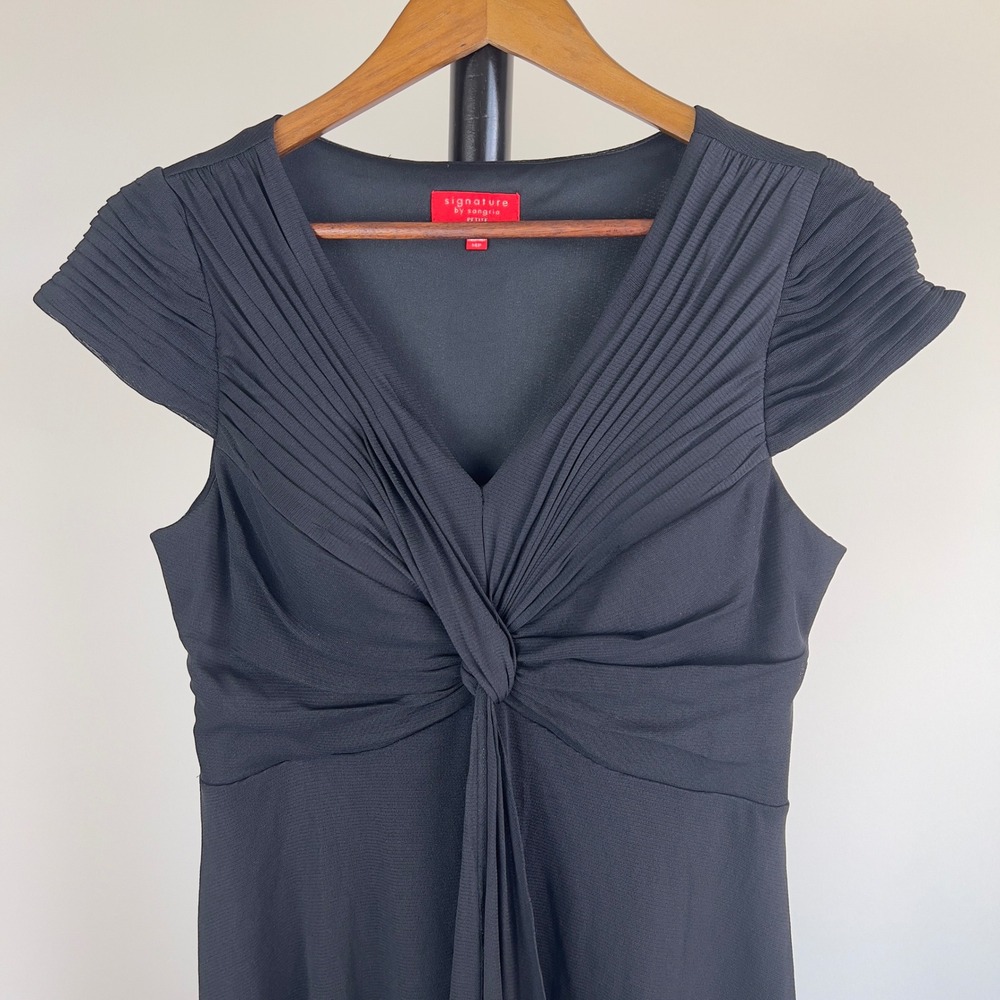 Signature by Sangria Black Pleated Knot Front Cocktail Dress 14P Petite V-Neck